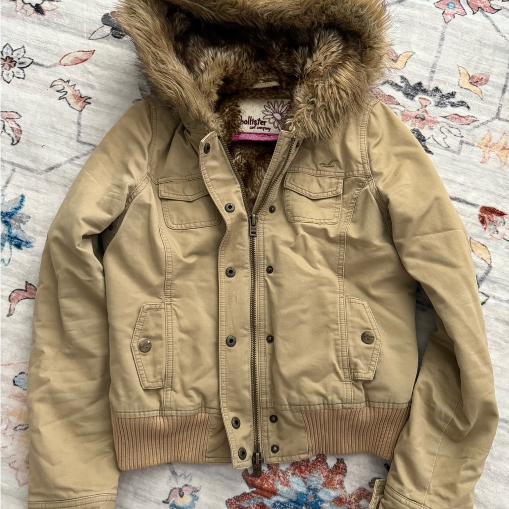 Hollister Tan Hooded Jacket with Faux Fur Trim